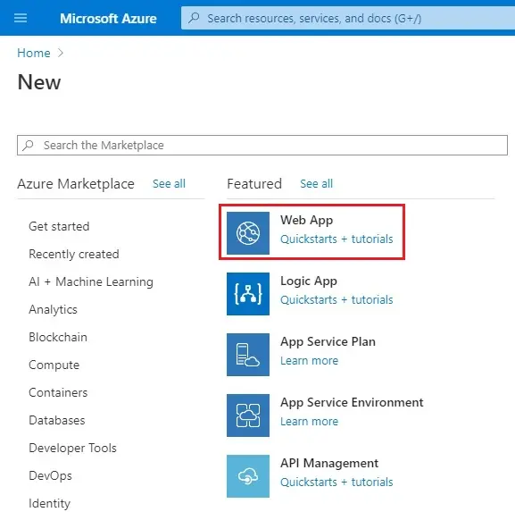 azure create a resource web app