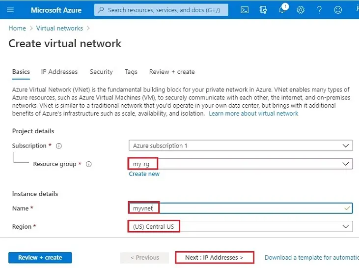 azure create virtual network