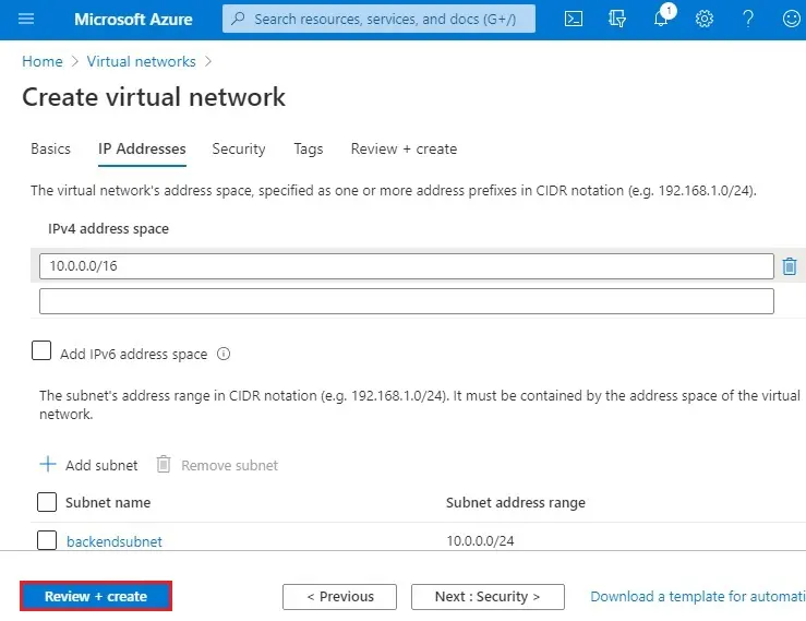 azure create virtual network ip address