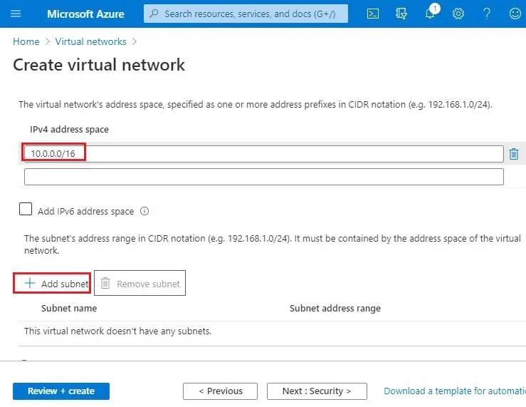 azure create virtual network ip address