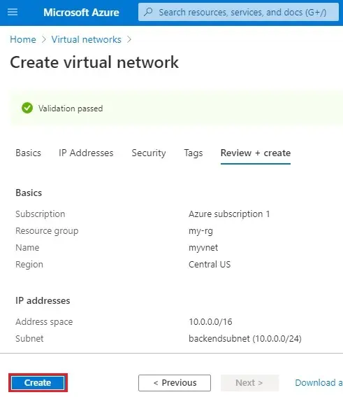 azure create virtual network validation