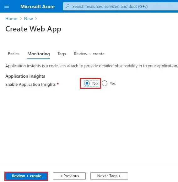 azure create web app monitoring