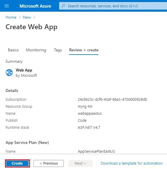 azure create web app review