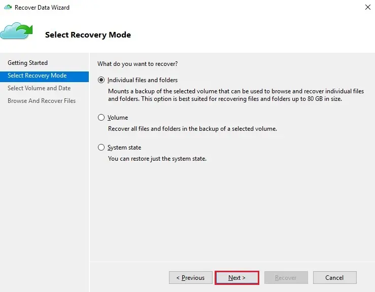 azure recovery data wizard mode