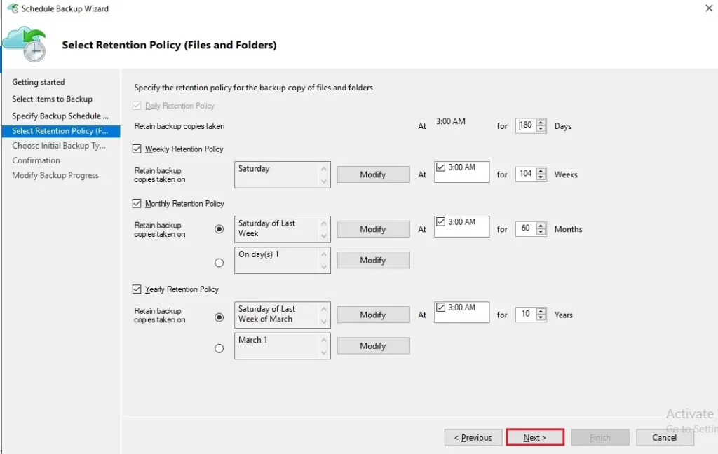 azure schedule retention policy