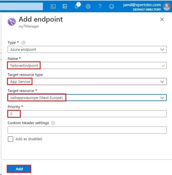 azure traffic manager add endpoint