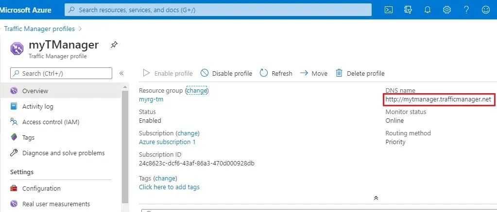 azure traffic manager profile overview