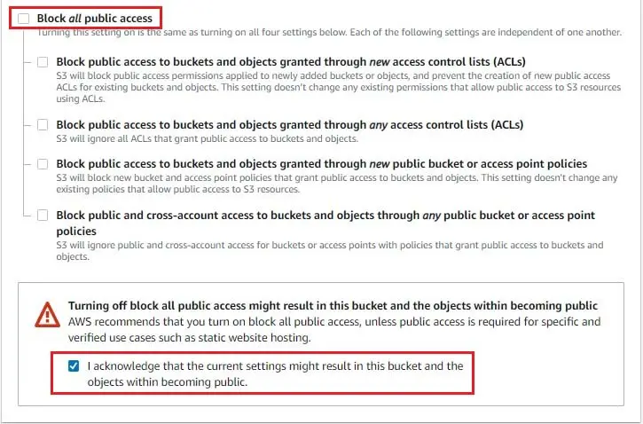 bucket settings for block access