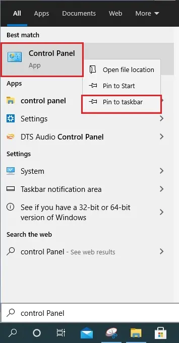 control panel pin to taskbar