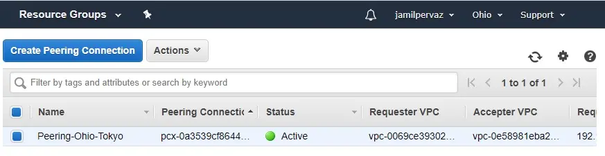 create peering connection active aws