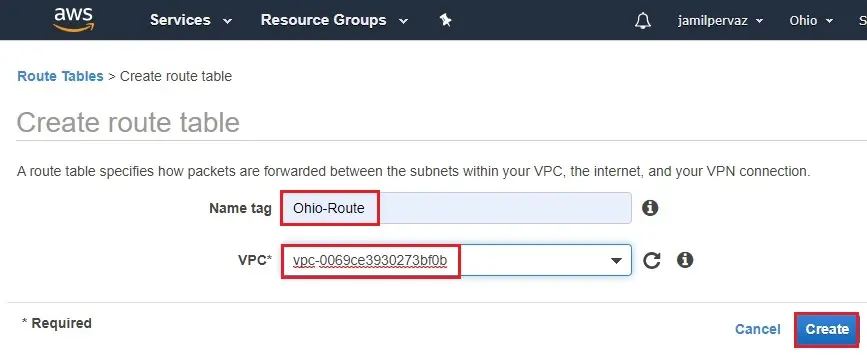 create route table name