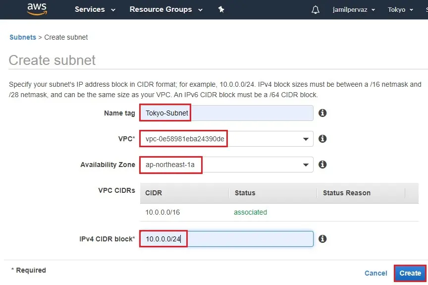 create subnet aws