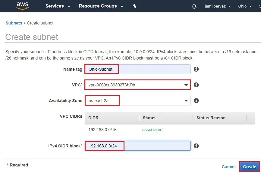 create subnet aws