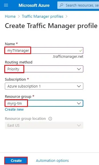 create traffic manager profile