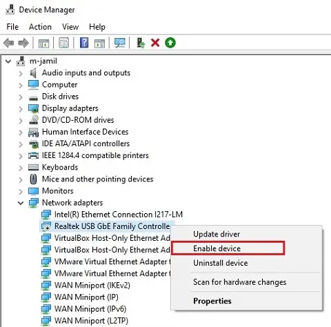 device manager enable device