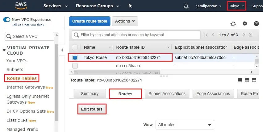 edit routes aws