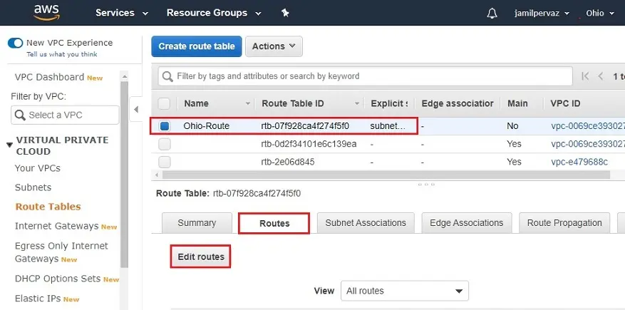 edit routes aws