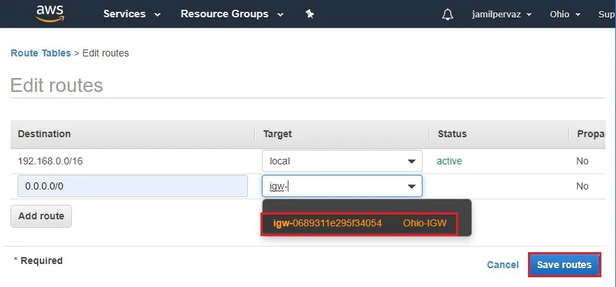 edit routes target aws