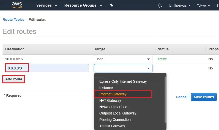 edit routes target aws