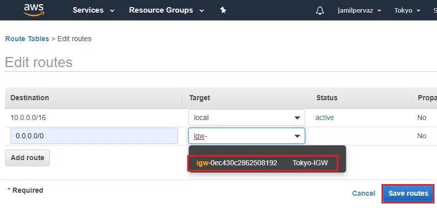 edit routes target aws