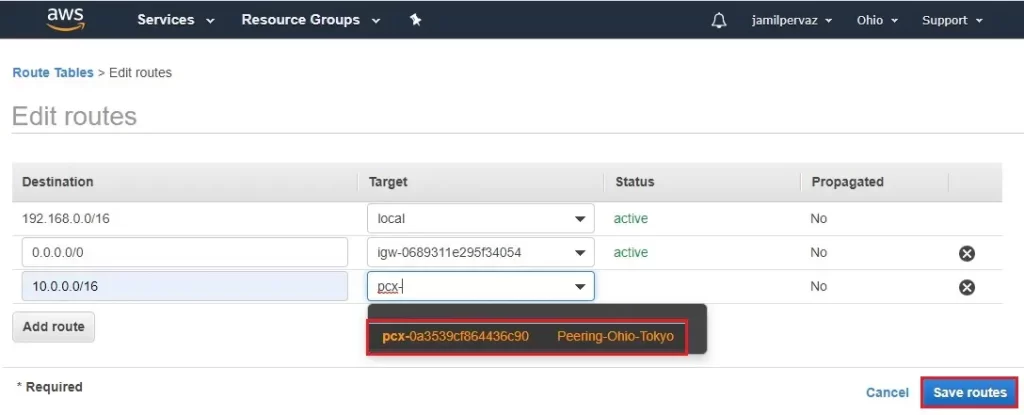 edit routes target aws