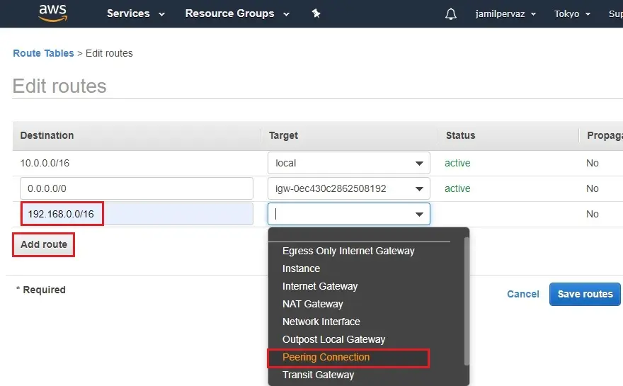 edit routes target aws