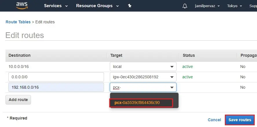 edit routes target aws