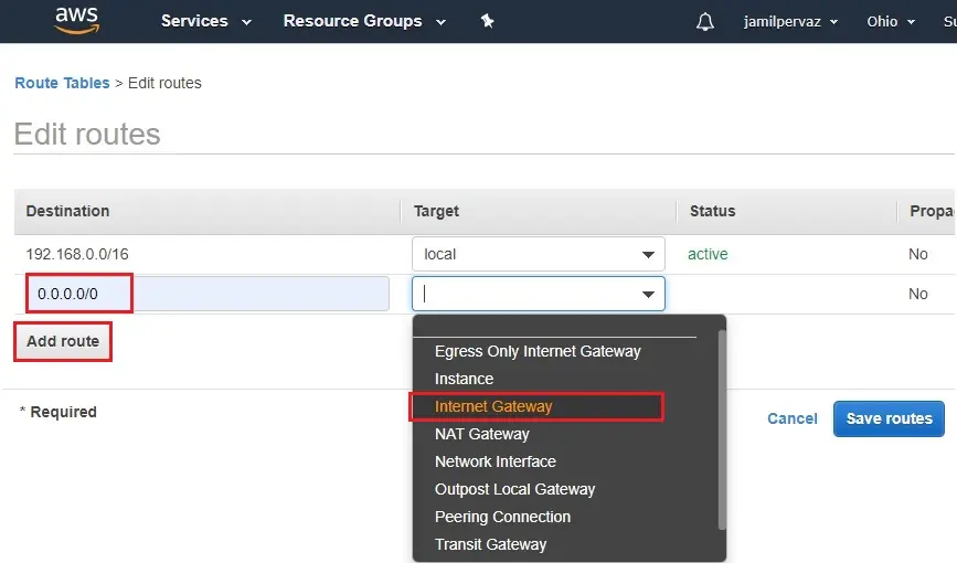 edit routes target aws