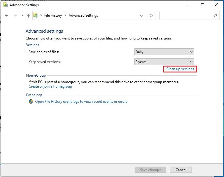 file history advanced settings