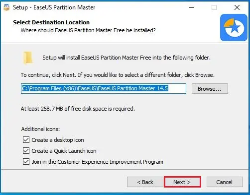 install easeus select destination