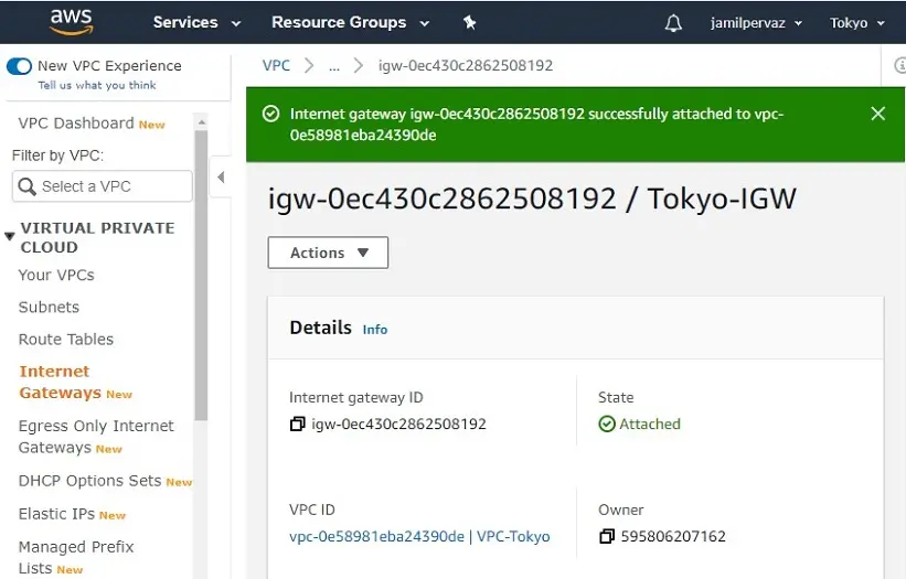 internet gateway status attached