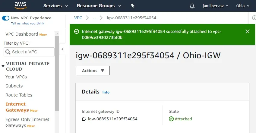 internet gateway status attached