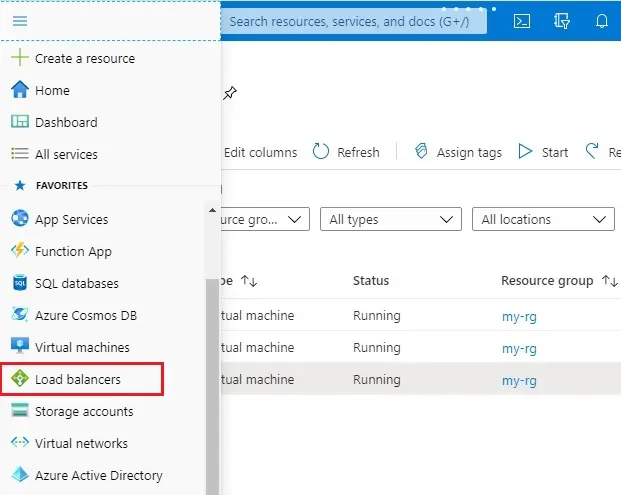 microsoft azure menu