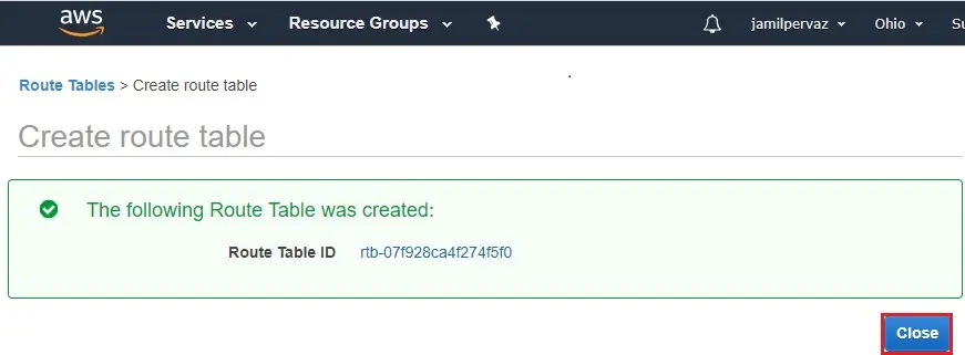 route table was created