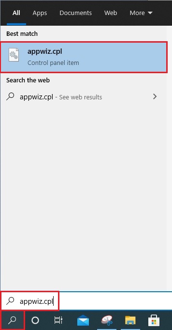 search bar appwiz.cpl