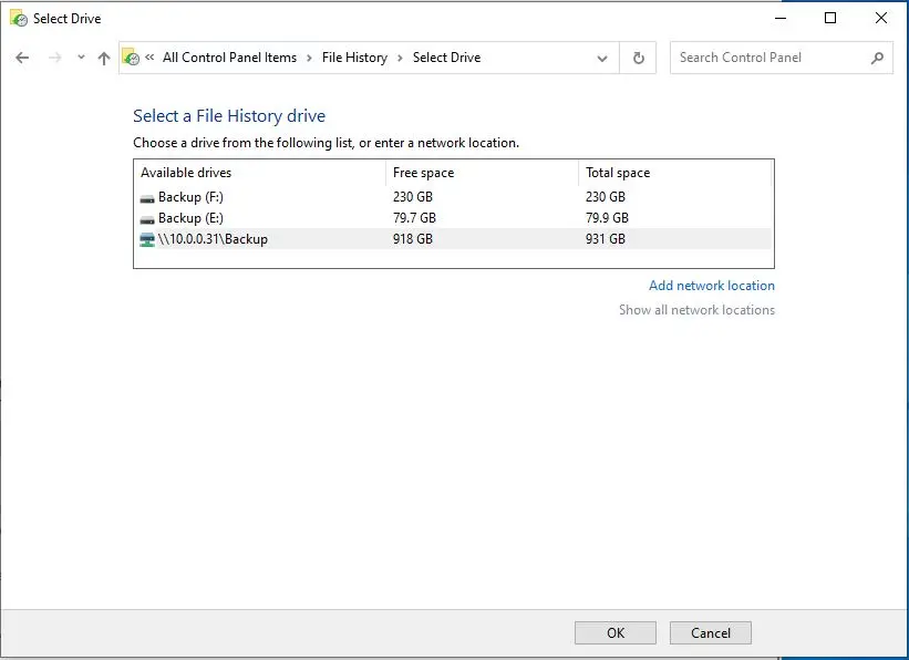 select a file history drive