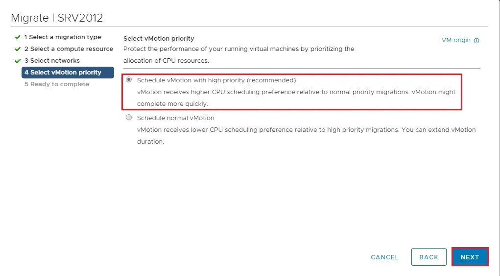 select vmotion priority