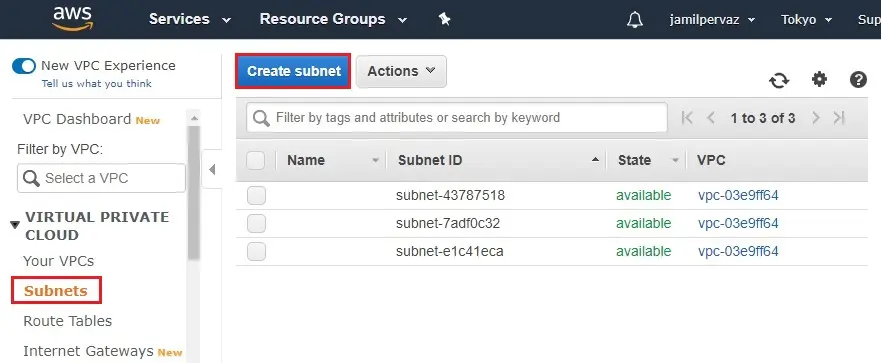 subnet amazon management console