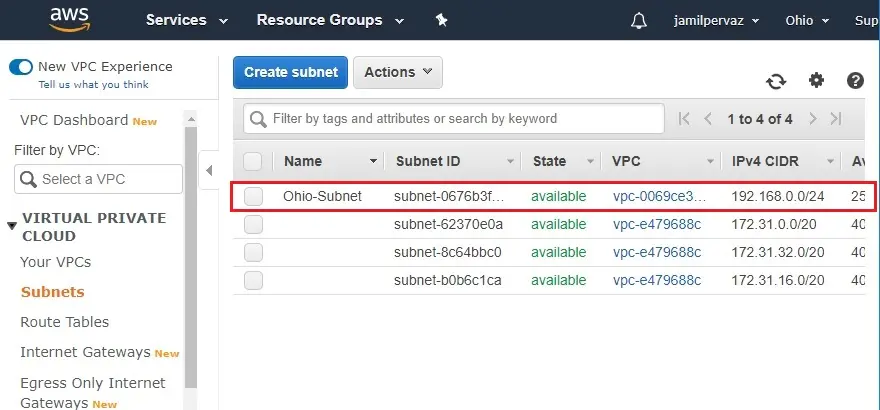 subnet amazon management console