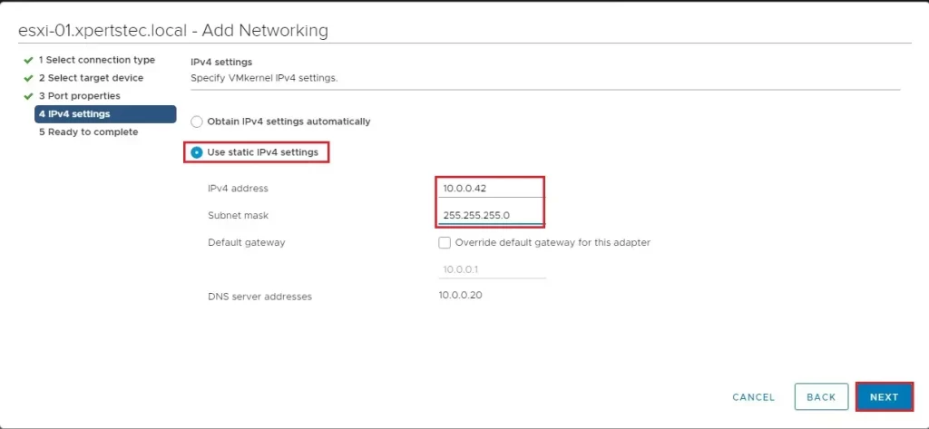 vmkernel ipv4 settings