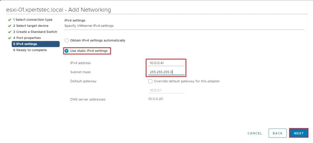 vmkernel ipv4 settings