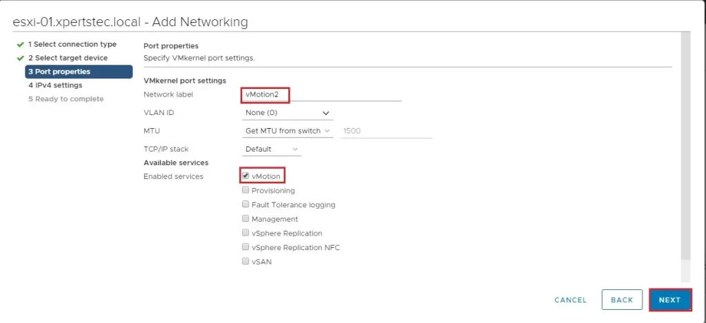 vmkernel port settings