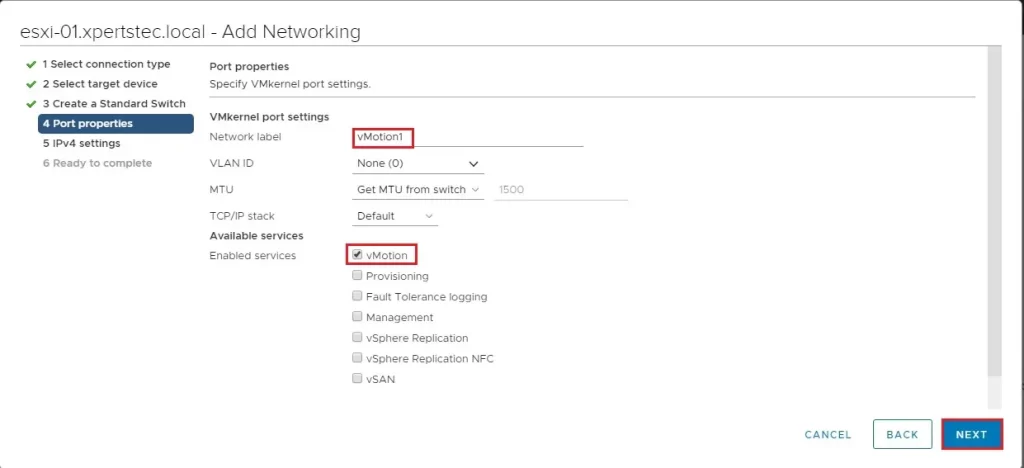 vmkernel port settings