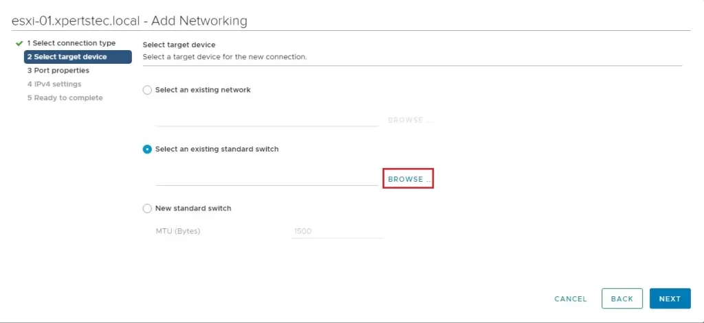 vmkernel select target device