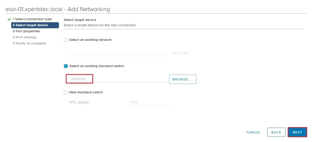 vmkernel select target device