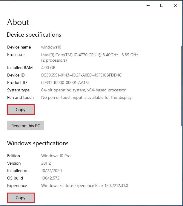 windows 10 about device specification