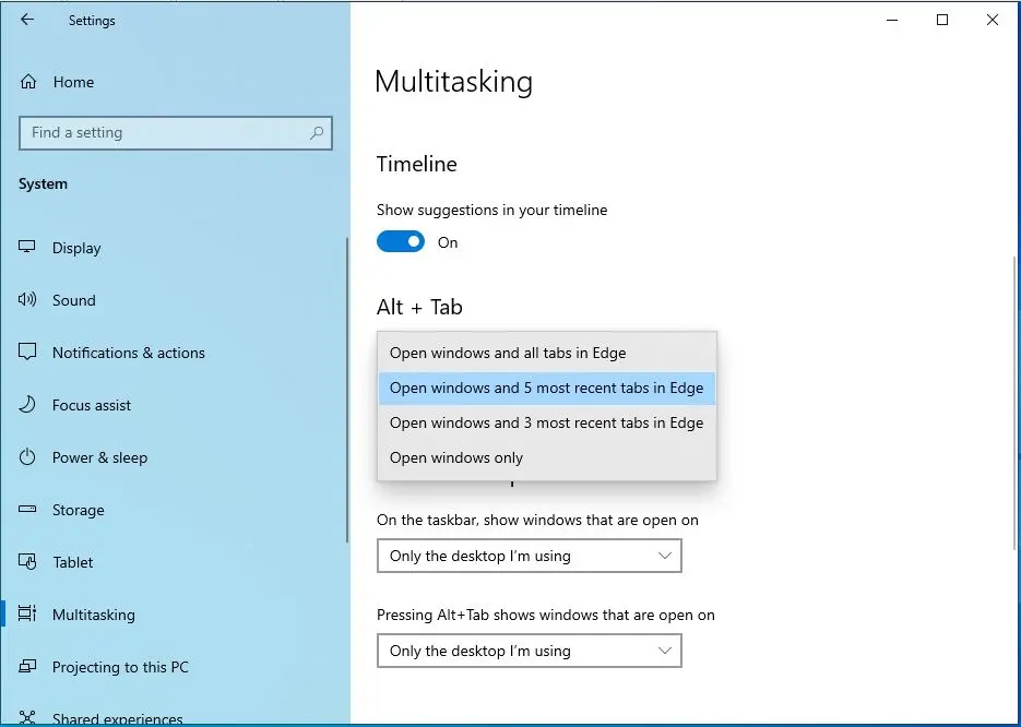 windows 10 multitasking settings