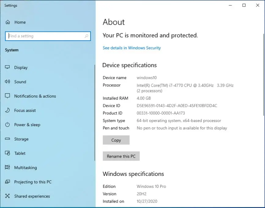 windows 10 settings about