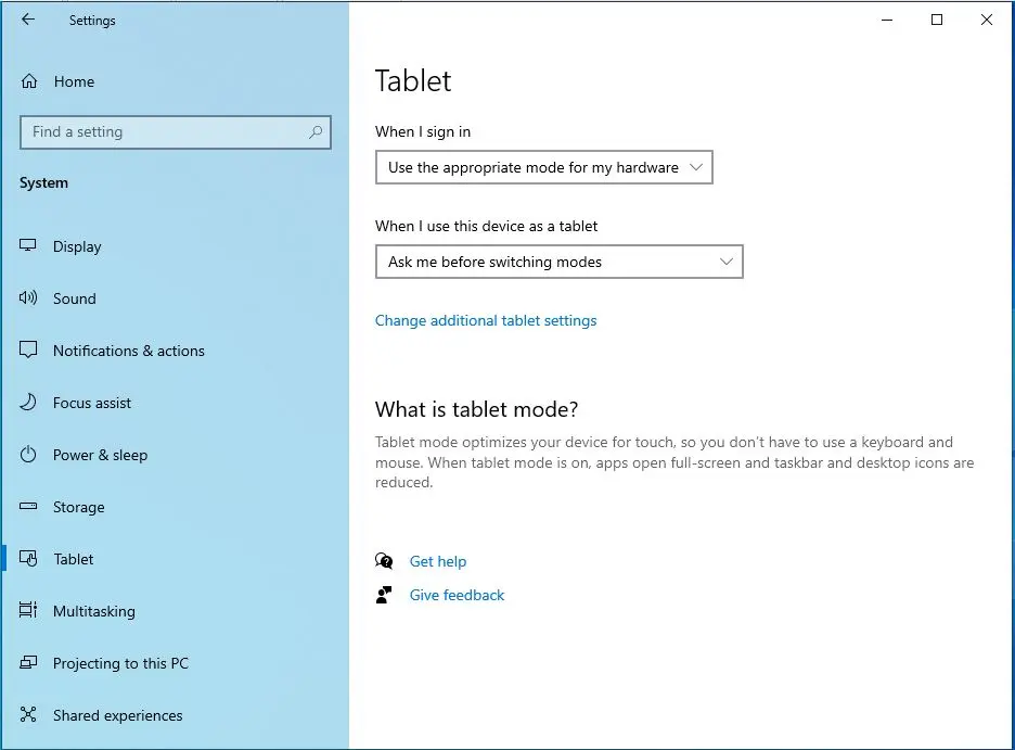 windows 10 tablet settings