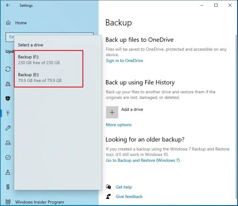 windows settings backup drive